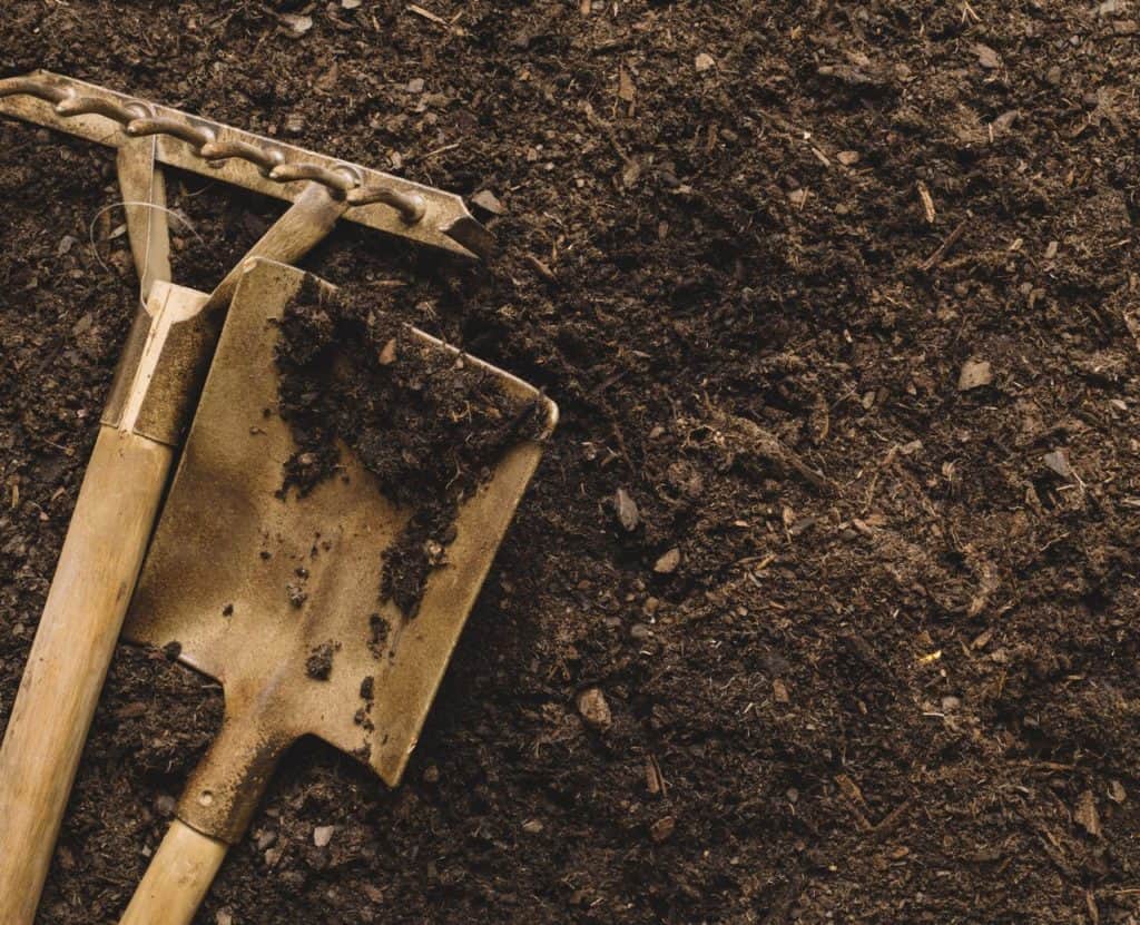 shovel and rake used for leveling soil