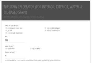 Screenshot Stain Calculator: It calculates how much interior, exterior, water-based or oil-based stain is needed for a project