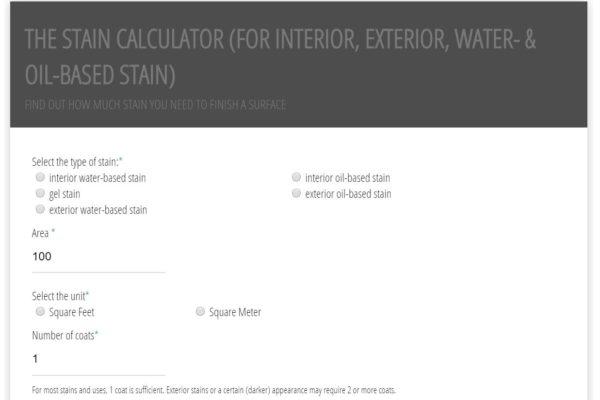 Screenshot Stain Calculator: It calculates how much interior, exterior, water-based or oil-based stain is needed for a project